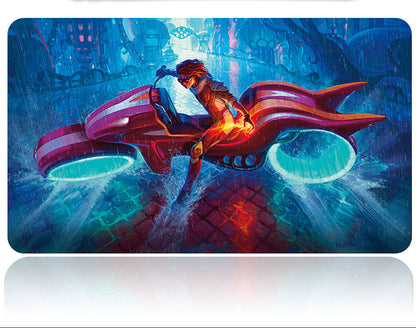Futuristic hoverboard with a character on a vibrant cityscape background