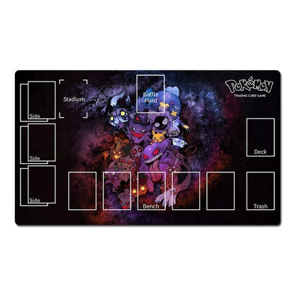 A rectangular Pokémon trading card playmat with a dark fantasy illustration featuring multiple colorful Pokémon characters in the center. The mat includes labeled white zones for Side, Stadium, Battle Field, Bench, Deck, and Trash, on a black background.