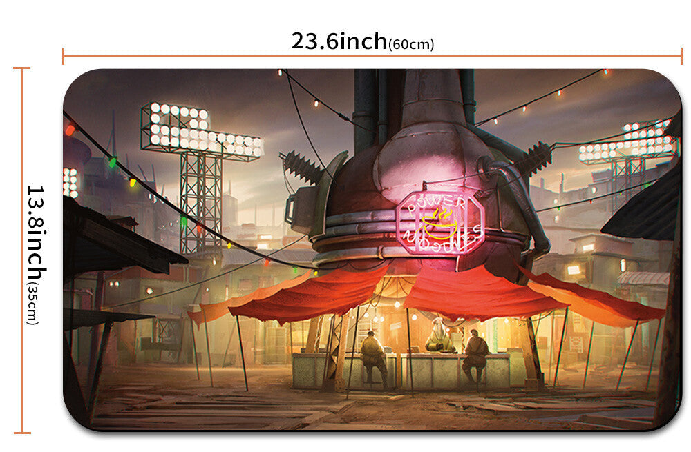 Illustration of a futuristic scene with a large lamp and people sitting under red umbrellas, with dimensions displayed.