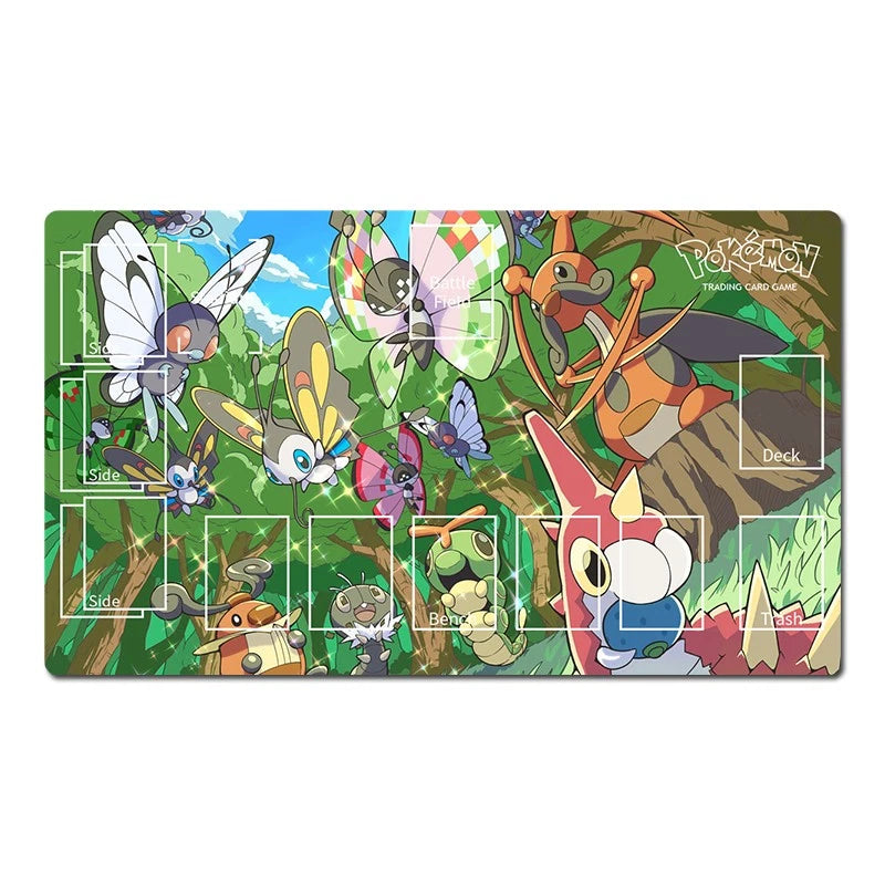 Pokémon TCG deck mat featuring a colorful forest illustration with various Pokémon characters and white layout boxes for deck, side, and back placement, shown on a plain white background.