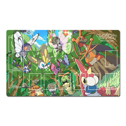 Pokémon TCG deck mat featuring a colorful forest illustration with various Pokémon characters and white layout boxes for deck, side, and back placement, shown on a plain white background.