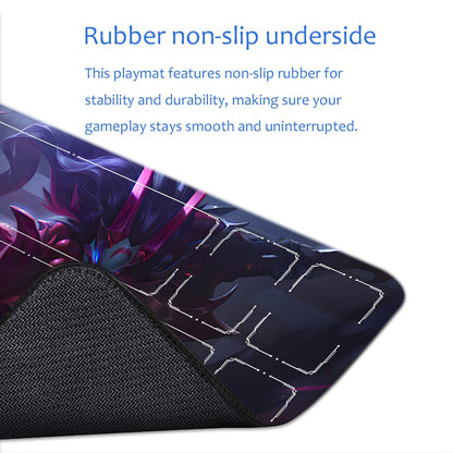A gaming playmat with a dark fantasy character print, showing a black textured underside and blue promotional text about non-slip rubber.