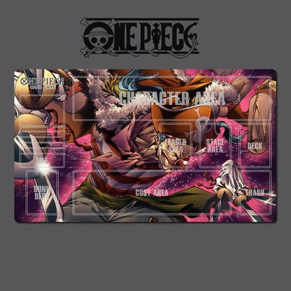 A One Piece themed character playmat featuring a colorful anime illustration of characters in a battle scene, with labeled sections for deck, cost area, stage area, and hash. The One Piece logo is visible at the top of the image.