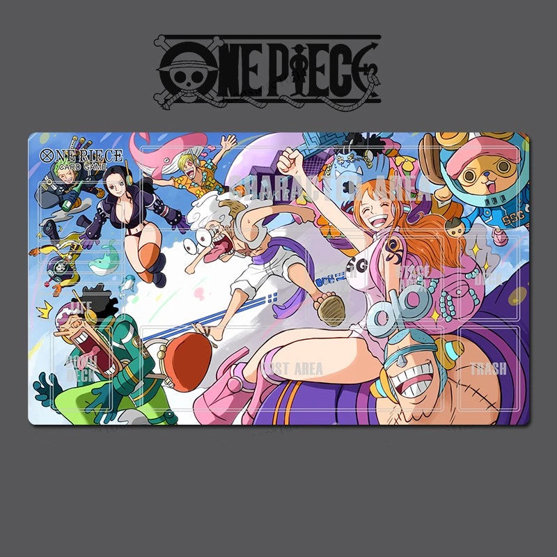 One Piece anime characters on a colorful background with the One Piece logo.