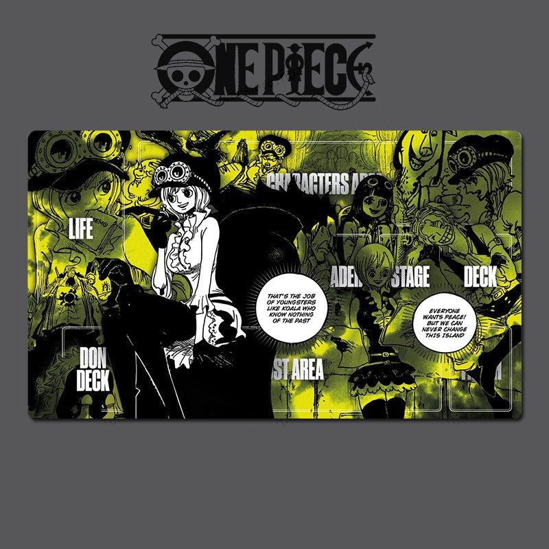 One Piece-themed playing card design with character illustrations and text on a dark background.