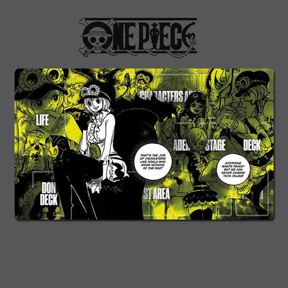 One Piece-themed playing card design with character illustrations and text on a dark background.