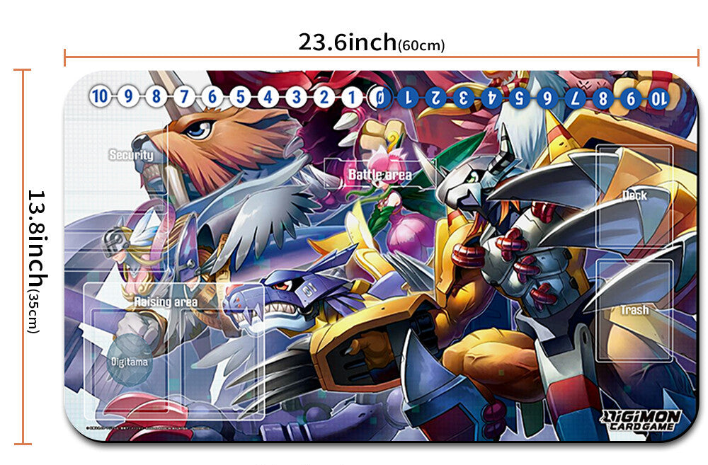 Card game playmat with character designs and dimensions displayed