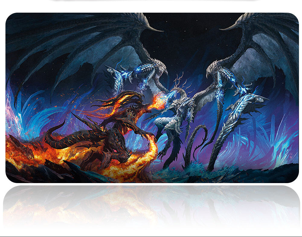 Two dragons, one fiery and one icy, facing each other with a tool above on a dark background.