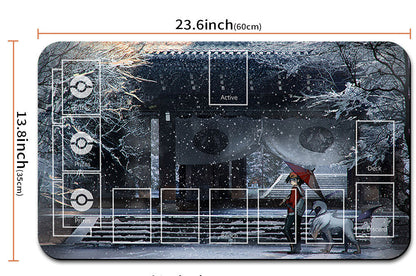 Gaming mat with dimensions and a pouch below it