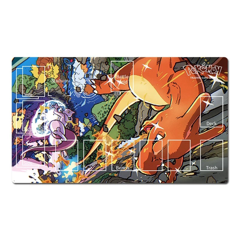 A rectangular Pokémon trading card playmat featuring a colorful battle illustration with Charizard, Mew, and other characters, plus printed card slots labeled Battle Maid, Deck, Bond, Trash, and Pokémon Trading Card Game.