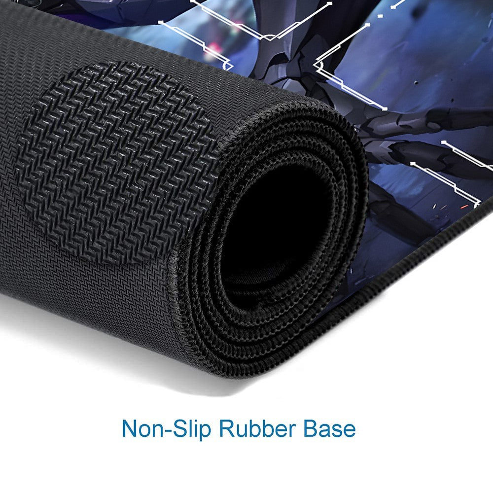 A rolled black gaming mat with a textured non-slip rubber base, featuring a printed anime character design on the top surface. Blue text at the bottom reads 'Non-Slip Rubber Base'.