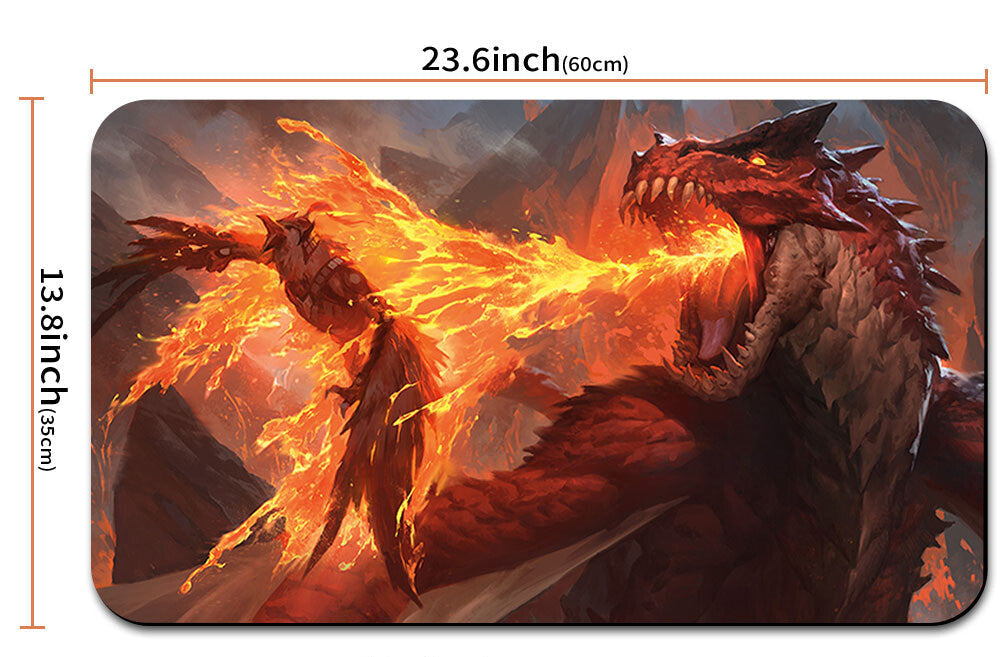 Dragon-themed mouse pad with dimensions and a carrying case shown below.