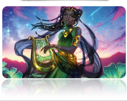 Futuristic weapon with a character holding a harp against a colorful background