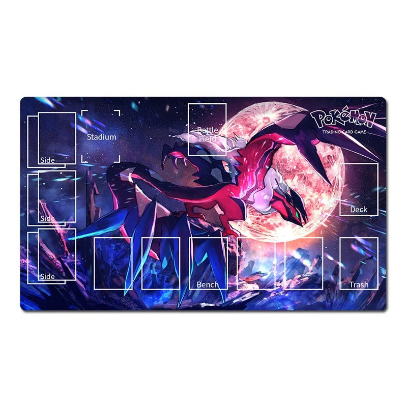 A rectangular Pokémon Trading Card Game playmat with a dark fantasy illustration featuring a red and black dragon-like creature in front of a glowing moon. White printed zones and labels are visible, including Side, Bench, Deck, Trash, Stadium, Battle Area, and Finish.