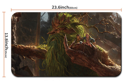 Illustration of two characters on a log with measurements and a pouch below.