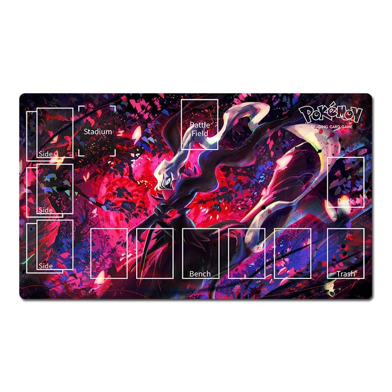 A rectangular Pokémon Trading Card Game playmat with a dark, colorful fantasy illustration featuring a white dragon-like creature over vivid pink, purple, and blue abstract scenery. White labeled zones for sides, battle field, stadium, bench, trait, and trash are printed on the mat, along with the visible Pokémon Trading Card Game logo in the top right.