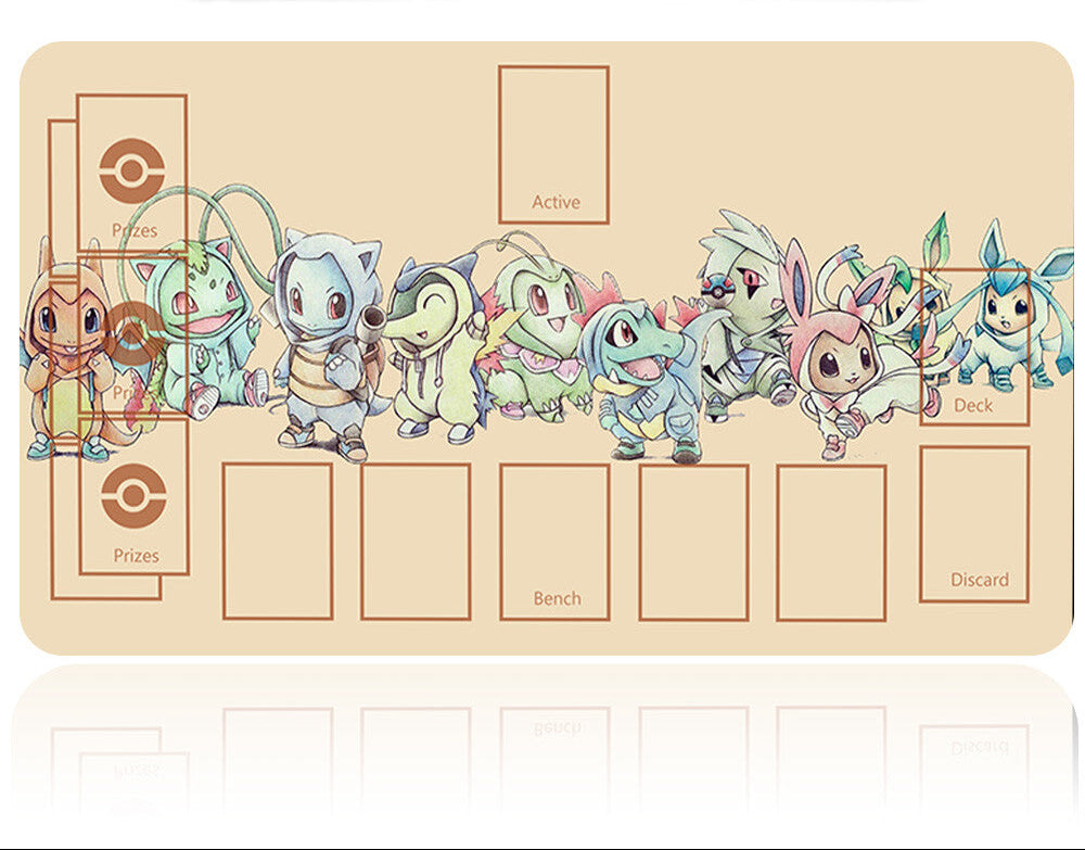 Pokémon trading card game mat with character illustrations and a card holder on a white background