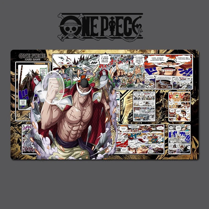 One Piece-themed card game playmat with character artwork and text