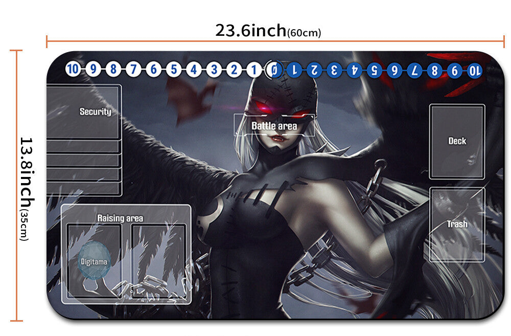 Large mouse pad with character design, measurements, and pouch on a white background