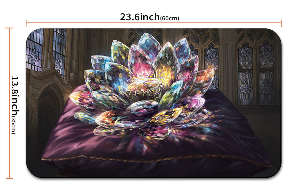 Colorful crystal flower on a purple fabric with measurements and a drawstring bag below.