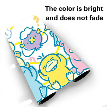 A roll of vinyl wrap or sticker film featuring a colorful cartoon character pattern, shown on a white background with promotional text and watermarks.