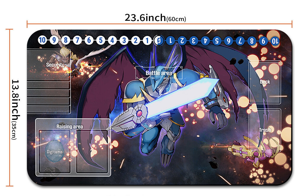 Playmat with character design, dimensions, and carrying strap shown
