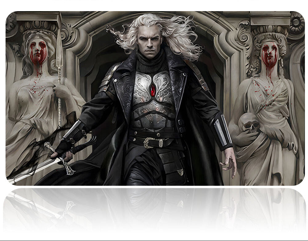Character with long white hair and dark clothing holding a sword, with a decorative background.