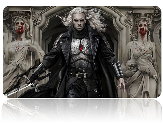 Character with long white hair and dark clothing holding a sword, with a decorative background.