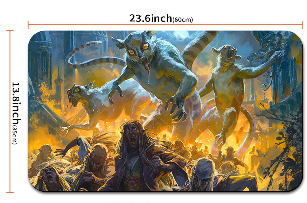 Mouse pad with fantasy design and measurements, including a carrying strap.