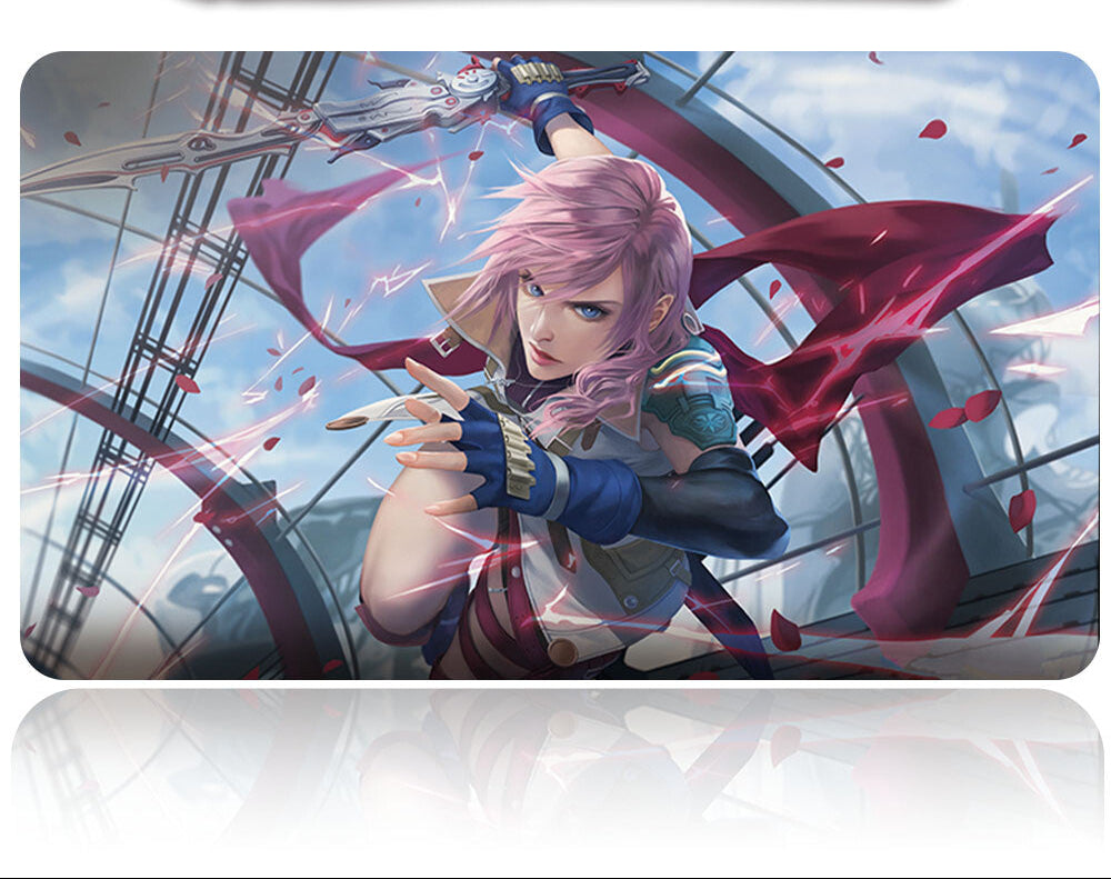 Anime-style character with pink hair and a sword on a blue background
