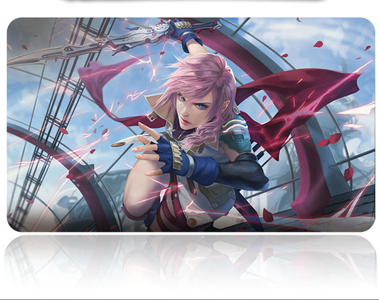 Anime-style character with pink hair and a sword on a blue background