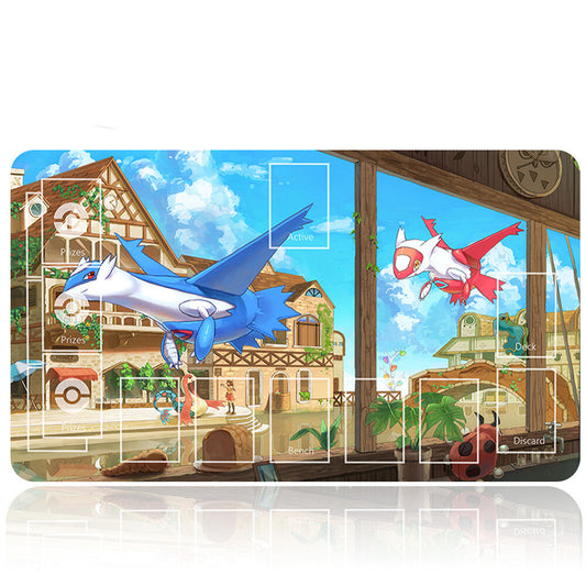 Pokémon trading card game board with Pokémon characters and a Poké Ball.