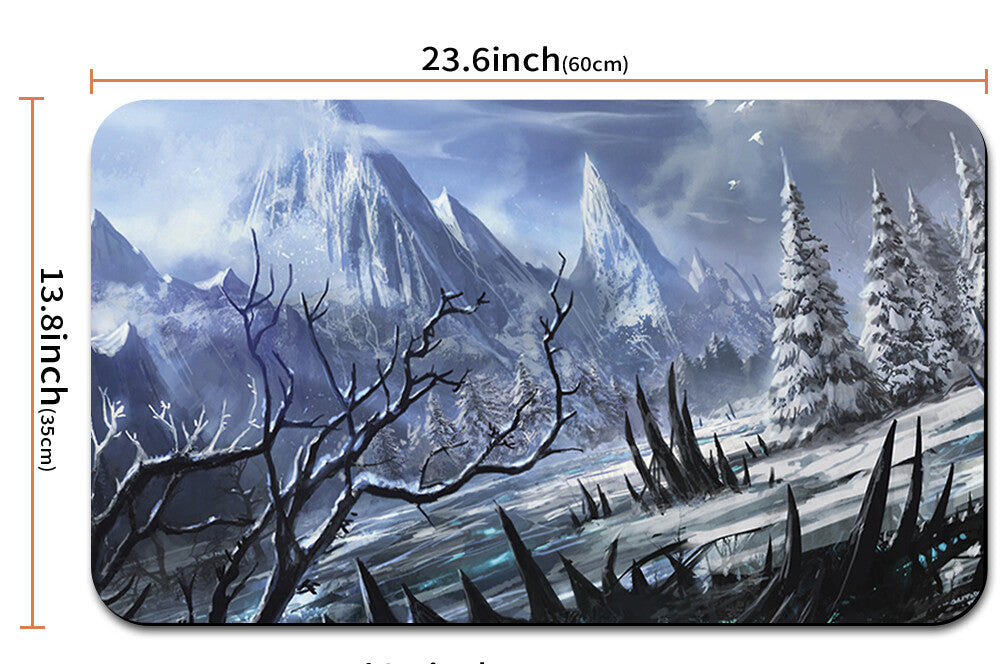 Winter landscape mouse pad with dimensions and a carrying strap.