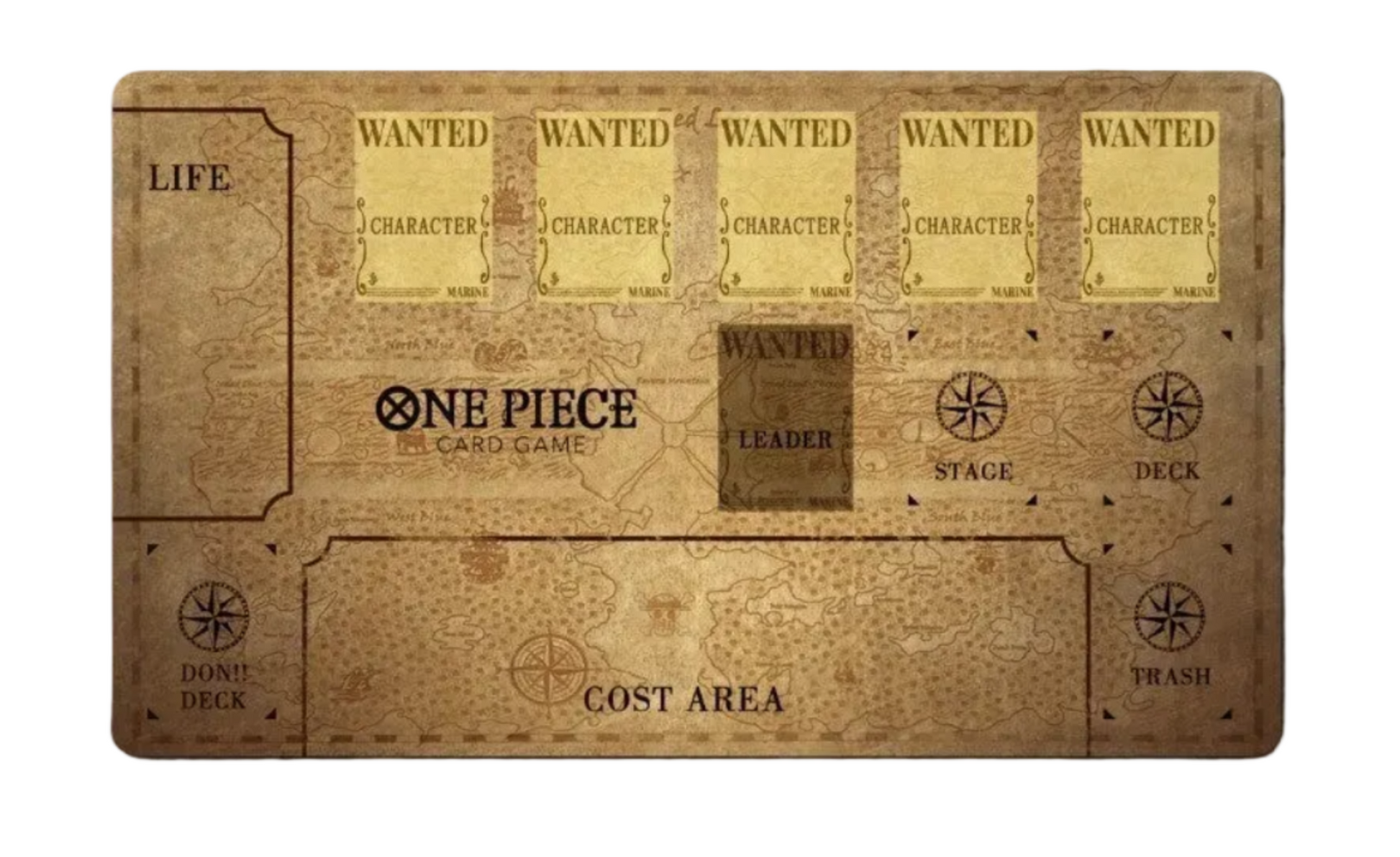 Card game mat with 'One Piece' branding and a black silhouette of a character's hand above it.