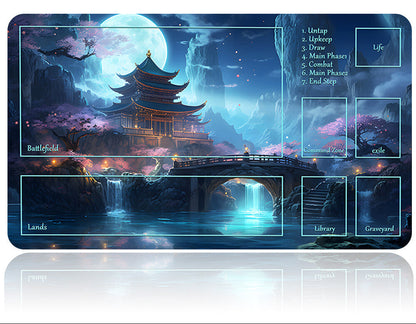 Fantasy-themed gaming mat with a pagoda design on a white background