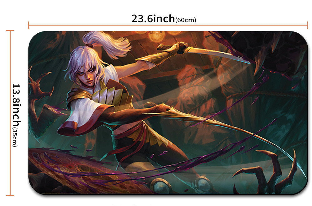 Mouse pad with an anime-style character and measurements