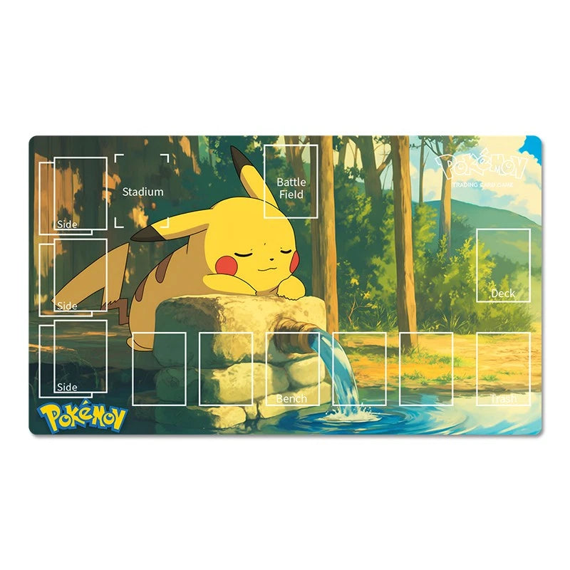A rectangular Pokémon-themed playmat featuring Pikachu resting on a stone by a stream in a forest scene. The mat includes printed game area labels such as Stadium, Battle Field, Side, Back, Deck, and Field, plus the Pokémon logo in the lower left corner.