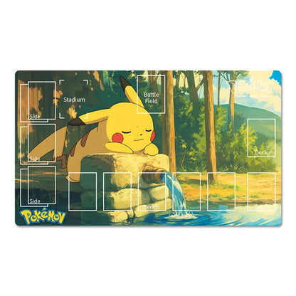 A rectangular Pokémon-themed playmat featuring Pikachu resting on a stone by a stream in a forest scene. The mat includes printed game area labels such as Stadium, Battle Field, Side, Back, Deck, and Field, plus the Pokémon logo in the lower left corner.