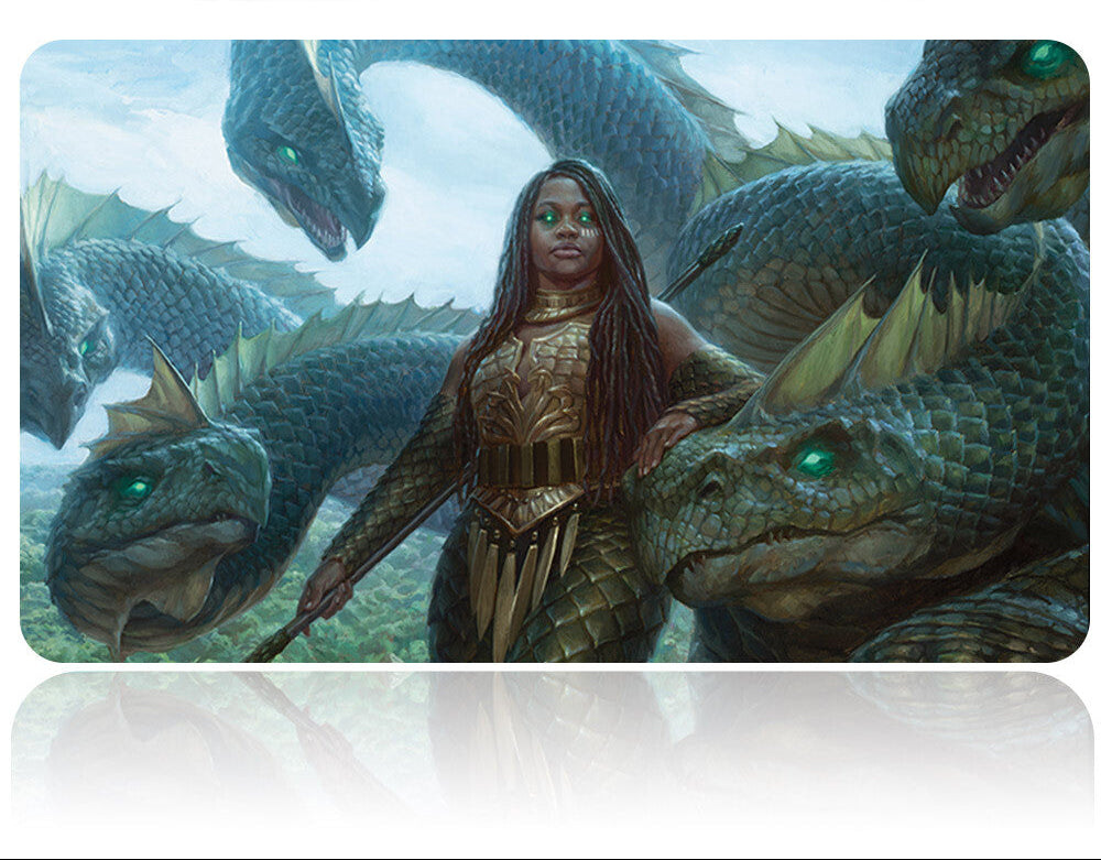 Futuristic weapon with a woman in armor standing among dragons on a white background
