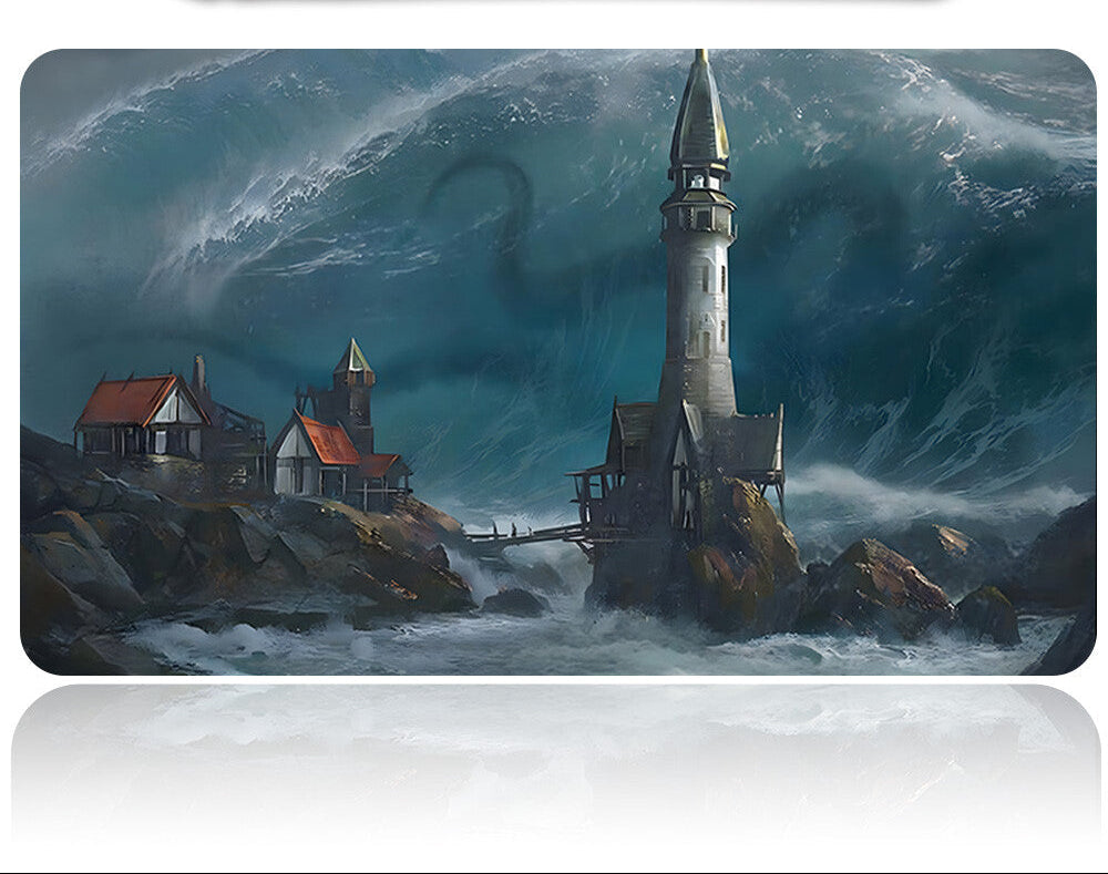 Lighthouse surrounded by large waves with a knife on a white background