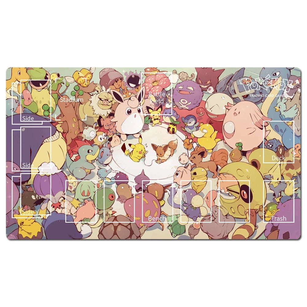 A rectangular gaming playmat featuring a dense, colorful illustration of various cartoon Pokémon characters, with white grid lines and labels for race, side, bench, trash, and trash.