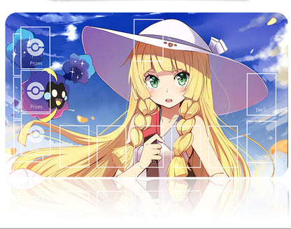 Card game mat with anime character and Pokémon logo on a blue sky background