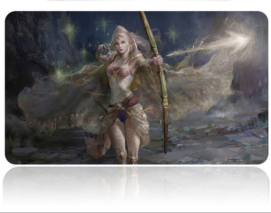 Futuristic weapon on a dark fantasy-themed background with a warrior character