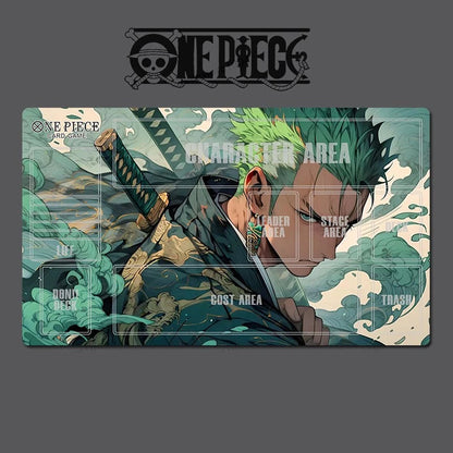 A One Piece trading card playmat featuring an illustration of Zoro Nefertari amidst green waves, with printed card play zones and a One Piece logo at the top, shown on a dark gray background.