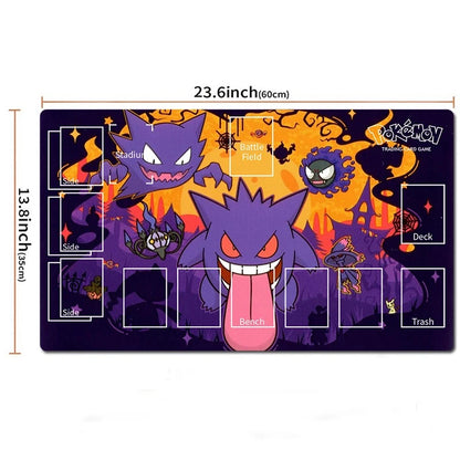 Pokémon trading card game playmat with Gengar artwork, shown with printed dimensions and labeled card zones on a white background.