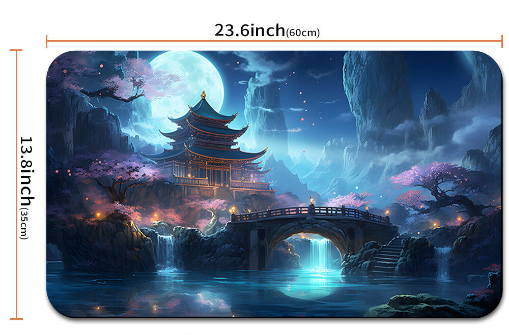 Fantasy landscape mouse pad with measurements and carrying bag.