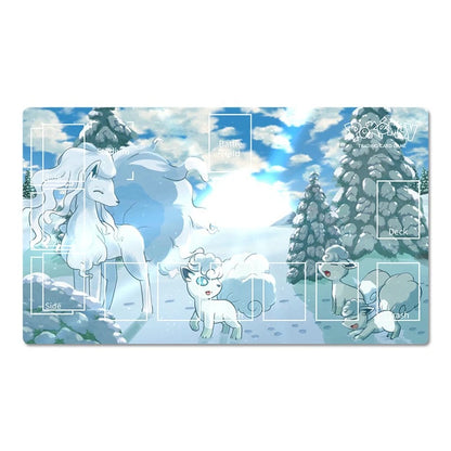 A rectangular desk mat with rounded corners featuring a light blue and white winter forest illustration. The design shows several white canine characters in a snowy landscape with pine trees under a bright sky.