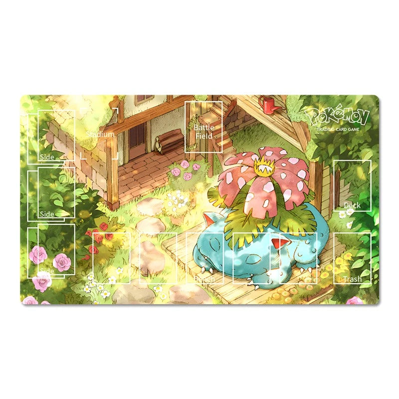 A rectangular gaming playmat featuring a colorful illustrated scene with a blue Pokémon character under a large pink flower, set in a sunlit outdoor environment with a wooden house and foliage. White overlay markings for battle placement are visible on the mat.