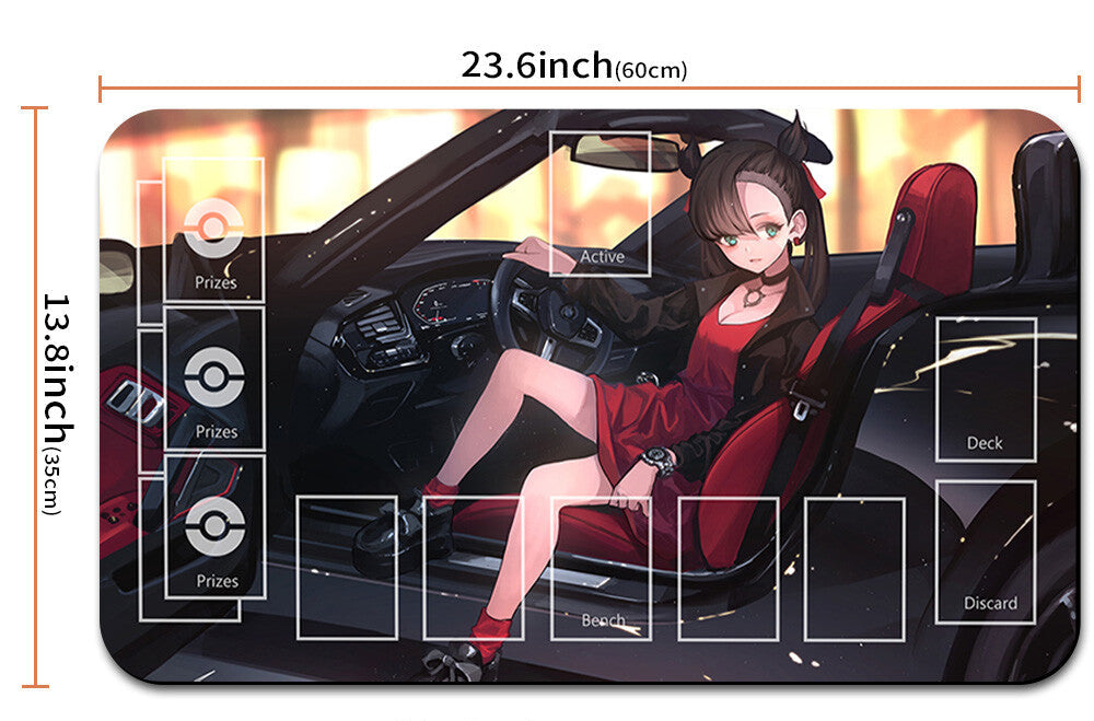 Large playmat with anime character and card game layout, featuring dimensions and a drawstring bag.