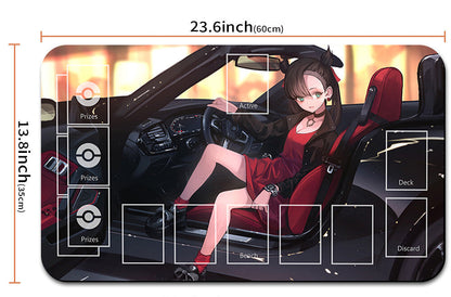 Large playmat with anime character and card game layout, featuring dimensions and a drawstring bag.